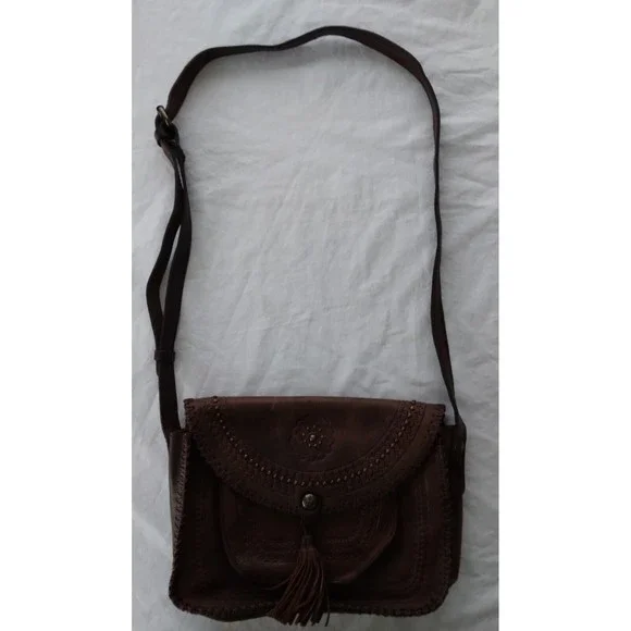 PATRICIA NASH BEAUMONT  Brown Leather Crossbody Purse Messenger Bag Tassel - Picture 2 of 9